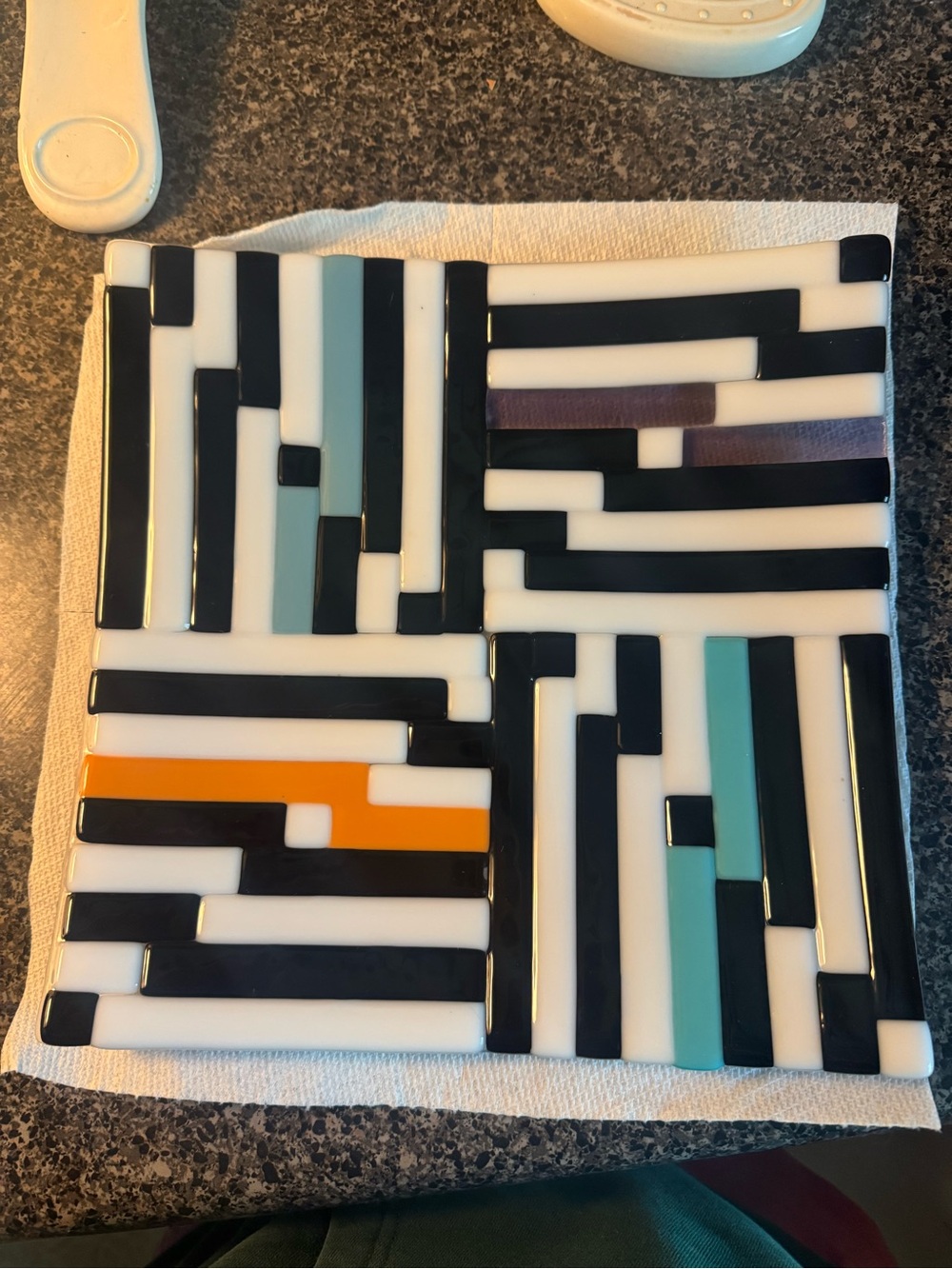 Handmade Fused Glass Abstract Geometric Plate - Mid Century Modern Art Glass
